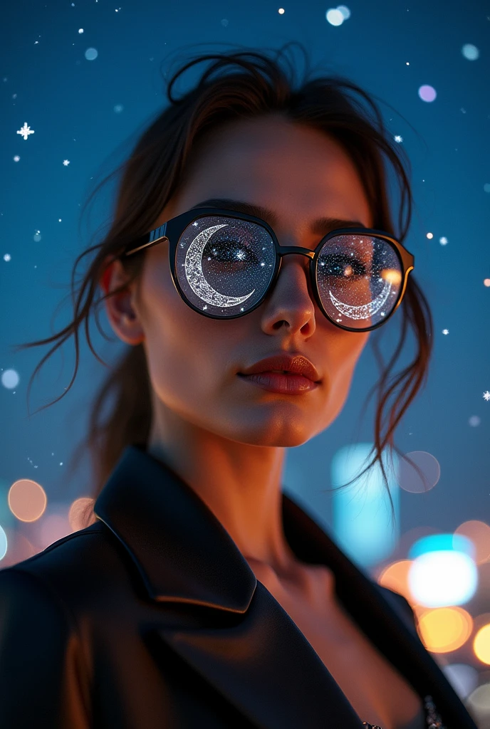 The model is wearing glass sunglasses with stars and the moon on the glass