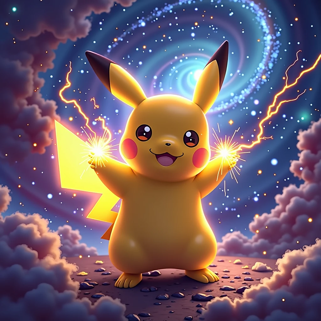 Pikachu with lightning bolts in a galaxy background 