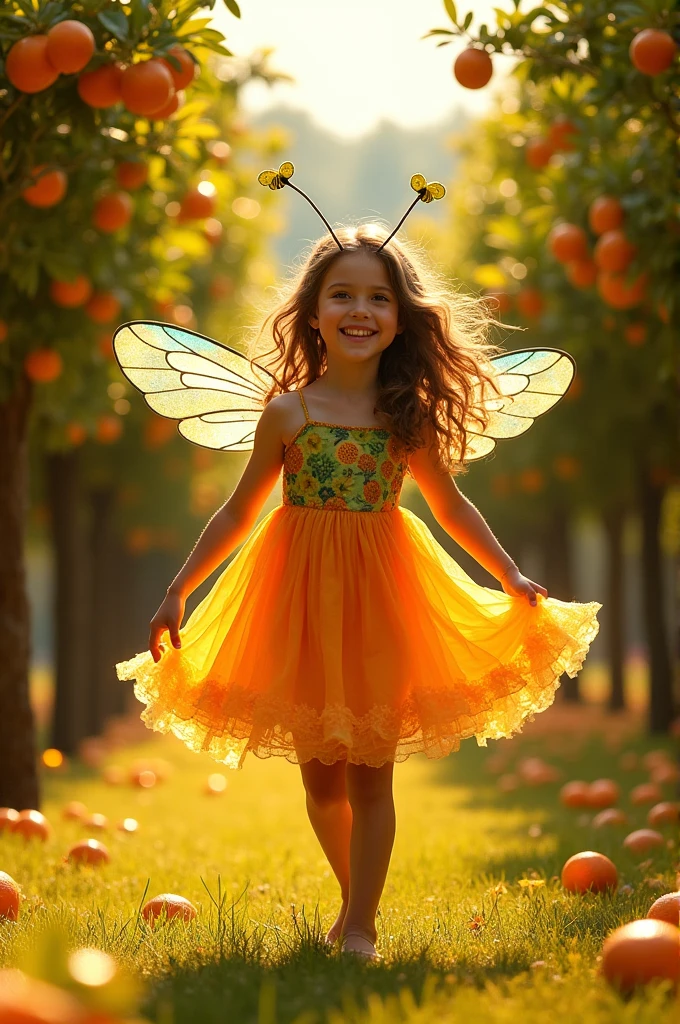 Girl with big brown hair in bright orange and green dress with bee wing and antenna passing by several orange tree