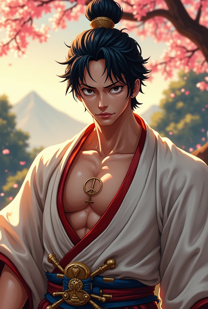 ((a samurai luffy by one-piece)), (Samurai armor), Samurai dresses classic complete samurai master, white barong tagalog with peace sign, detailed face, beautiful detailed eyes, beautiful detailed lips, extremely detailed eyes and face, longeyelashes, muscular body, detailed clothing texture, detailed background, (best quality,4k,8k,highres,masterpiece:1.2),ultra-detailed,(realistic,photorealistic,photo-realistic:1.15),studio lighting,physically-based rendering,extreme detail description,professional,vivid colors,bokeh,concept art