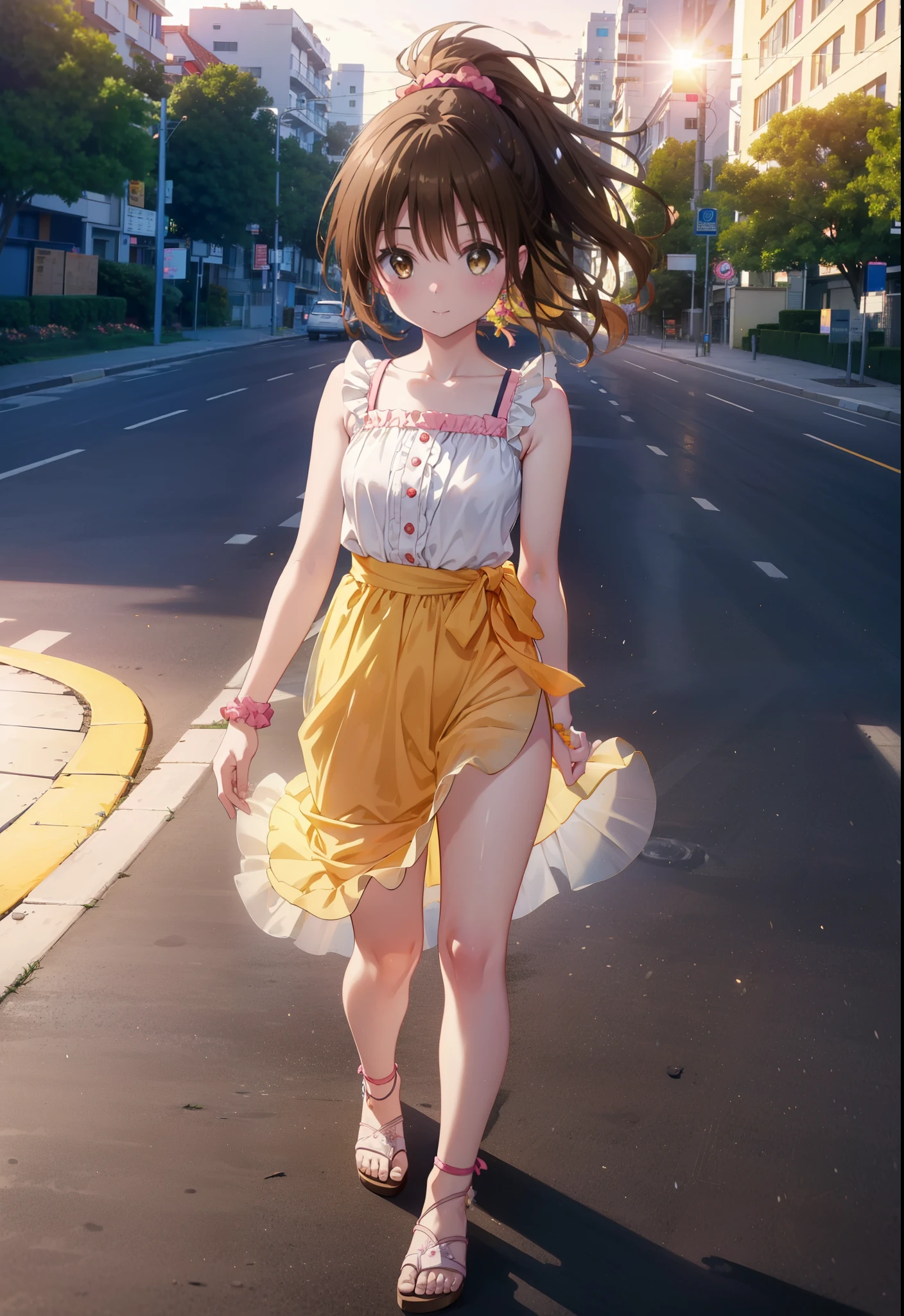 Yuki mandarin orange, (Brown eyes:1.5), Brown Hair, hair ornaments, hair Scrunchie, Long Hair, pink Scrunchie, Scrunchie,ponytail, (Flat Chest:1.2),smile,blush,Open your mouth,Sleeveless dress,Long skirt,Cute heeled sandals,Walking,morning陽,morning,The sun is rising,So that the whole body goes into the illustration,
Destroy outdoors, Coastal Road,
壊す looking at viewer,Destroy the whole body (masterpiece:1.2), Highest quality, High resolution, unity 8k wallpaper, (figure:0.8), (Beautiful attention to detail:1.6), Highly detailed face, Perfect lighting, Highly detailed CG, (Perfect hands, Perfect Anatomy),