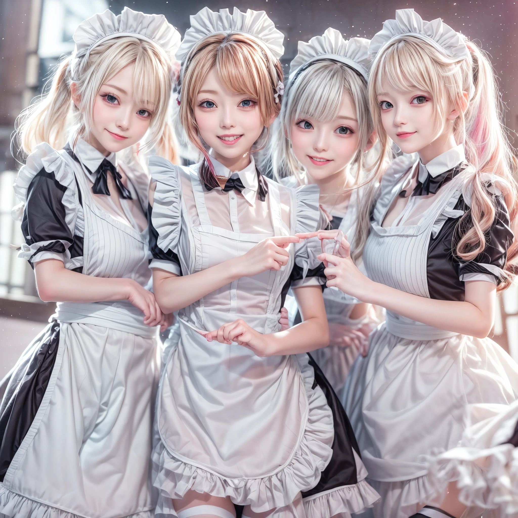 (Full Body of Extremely Detailed((Kawaii Maid Group in a row:1.37))), Childish perfect face, Reflective Eyes, Detailed(Delicate Clothing textures), Correct Leg Line, Dynamic Joyful Expressions LifeLike Rendering, Specular Reflection, TopQuality 8K Ultra-detailed masterpiece (ProfessionalPhoto:1.37), (Acutance:0.8), (Luminism:1.28), (Renaissance art style), Colorful Light particles, ((Full body from side)), {MicroMini(SkirtLift)|Kissing|Breast Lifting|Undressing|Thigh Gap}, Radiant Fine Skin with Transparency, (Exposed:0.5), (Different types of Anime hair color){Pink Hair|Light Blue Hair|Pure White Hair}, Perfect Lighting 