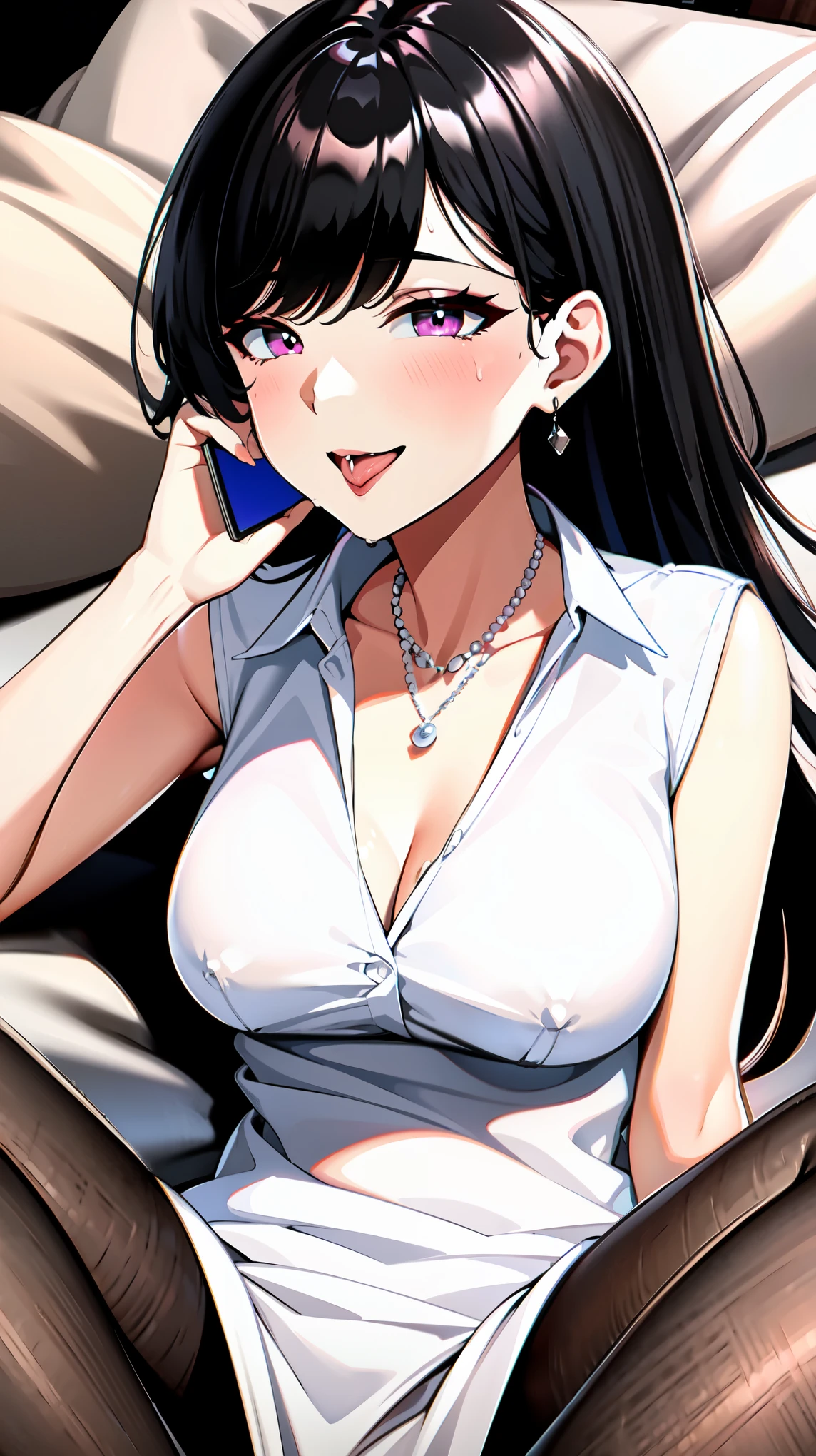 ((super high quality,Ultra-high resolution,4K,8k,super masterpiece,Ultra HD)),Dimly lit room,Lying on the bed,One sexy woman,(popped collar White shirts),High collar,Tight collar,Black hair straight short,Sharp Eyes,Ahegao,smile,blush,sexy,Pearl Earrings,Pearl Necklace,wedding ring,Sweaty,Spread your legs,Big penis,Penis insertion,semen,Drooling,Hold your phone to your ear,