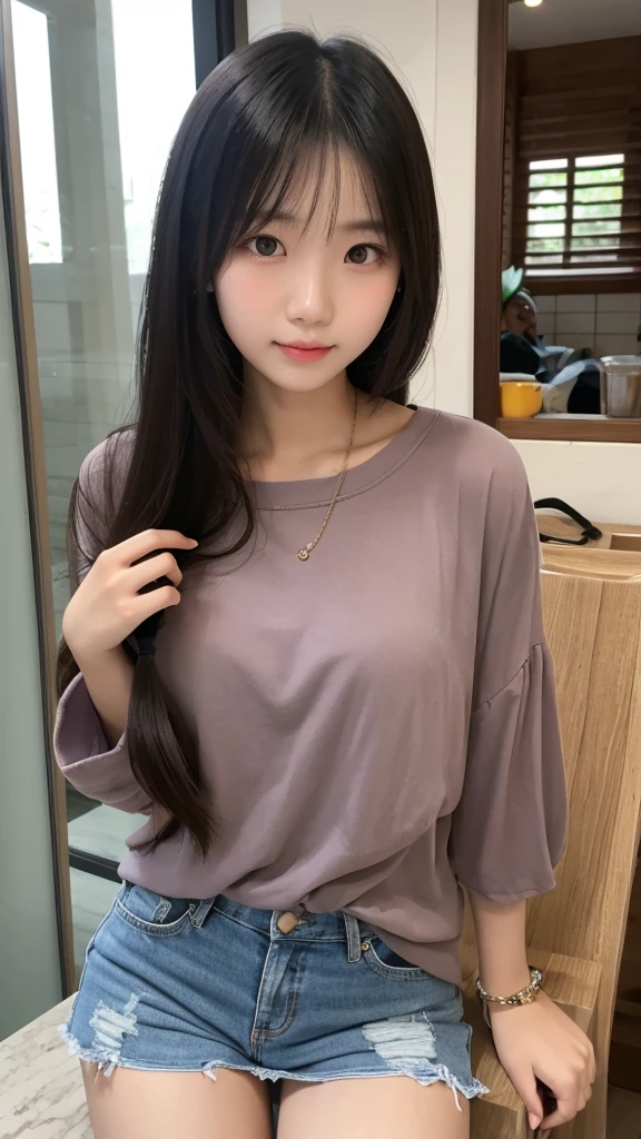 Indonesian girl 19-year-old Fringe Hair , wearing Casual summer clothes in house