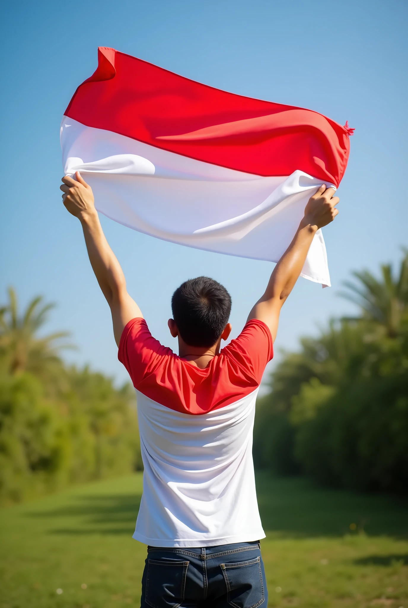 asian man, holding indonesia flag, he so proud, wearing red and white tshirt,