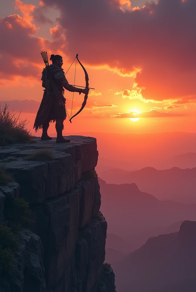 A dramatic sunset over a vast landscape with a lone archer standing on a cliff, bow drawn, gazing toward the horizon. The sky is a gradient of orange and purple, conveying a sense of anticipation and adventure. --ar 16:9