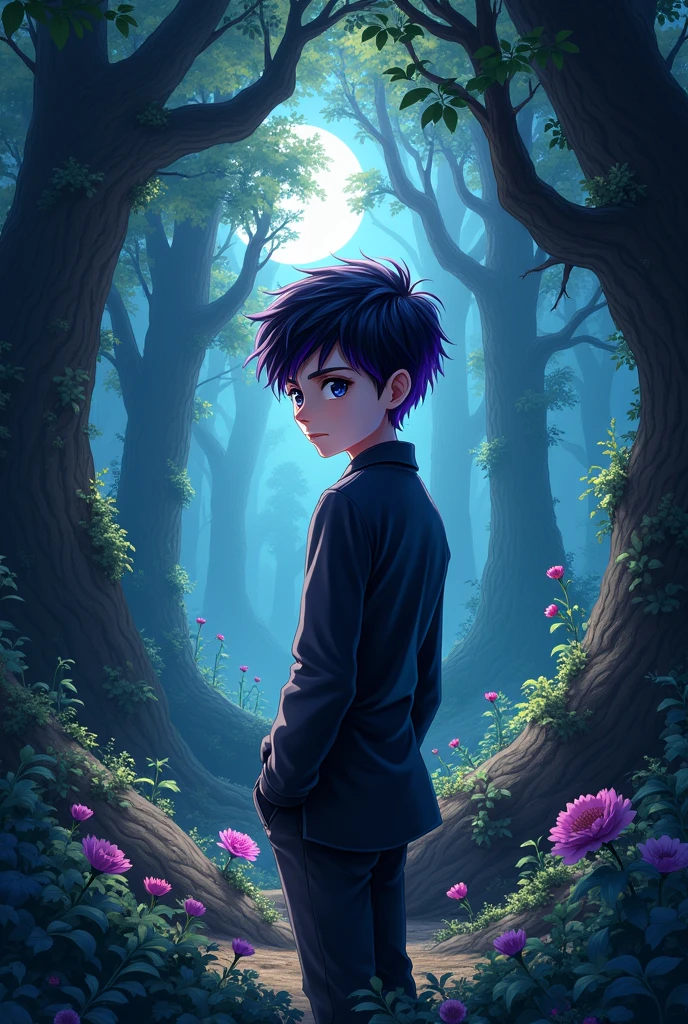 Boy with short black hair and purple highlights, black eyes and white skin, that their facial features are a bit harsh, is a vampire, so he loves the forest. He's an adult now, that their face is well detailed.
Let it be in 2d or anime