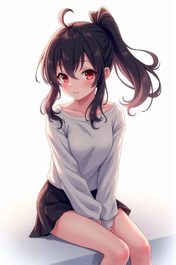 Best Quality, Very detailed, first work, ultra detailed, Alone, 1 girl, White background, delicate eyes, (playboy bunny: 1.2), Yofukashi no Uta, Nazuna Nanakusa, red_Love, negro_hair, dubbed_Horse tail, hair_Love, deep red eyes, Stripe, naked,eyebrows_visible_through_hair, side locks, Try it, No expression, seated, Caustics, Upper part of the body,