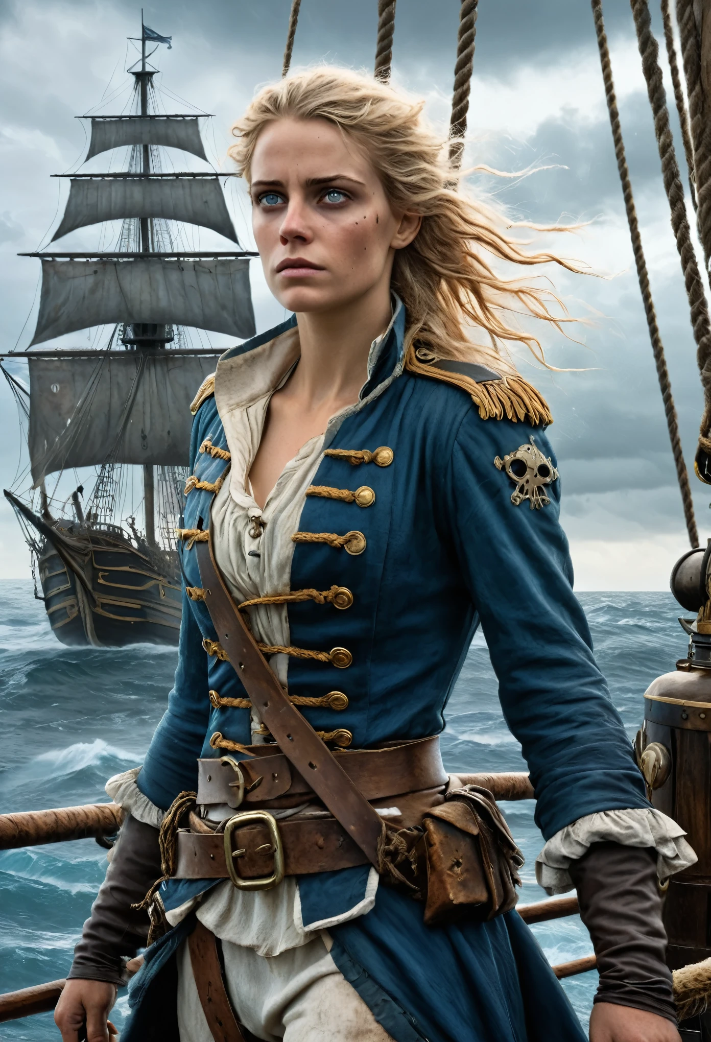 (Realistic:1.2), Grimy 24-year-old blonde pirate woman with weathered skin, sea-sprayed hair, and a salty gaze leaning against mast of. her storm-battered ship, a dagger by in her hand limp at her side, exhausted after another sea battle. The rough grey sea stretching out before her like an endless battlefield, waves crashing against the vessel's hull as dark, foreboding clouds gather on the horizon, an airship looming in the distance, its billowing sails tattered, the pirate's tunic a deep, rich blue with sea-worn whites and tawny leather accents, contrasting warm golden light on weathered wood and cold blue shadows, 8k hyper-real fantasy matte painting in the style of Simon Stalenhag, ZBrush textures and Unreal Engine 5, detailing reminiscent of Iain McCaig's concept art, loose brushstrokes echoing the rugged seascape my soulmate.