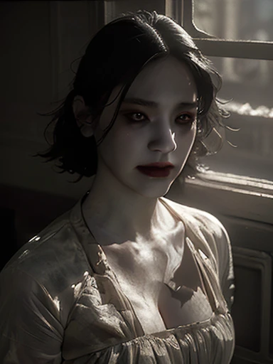 full body masterpiece, ultra realistic, 16k, high quality, incredibly detailed, dream aesthetic, dream atmosphere, cinematic, (sharp focus : 1.5), (photorealistic : 1.3) , a hyperrealistic image of a young, very pale woman with long black hair and black eyes, with a beautiful face, wearing a white dress. She appears very sad and is looking out of an old, antique window. The scene should have a horror and gothic atmosphere similar to the style of the manga Berserk, with dramatic lighting and intricate details in both the woman and the surroundings. The window should have a gothic design, with shadows and light playing off her expression to enhance the mood of melancholy and mystery.