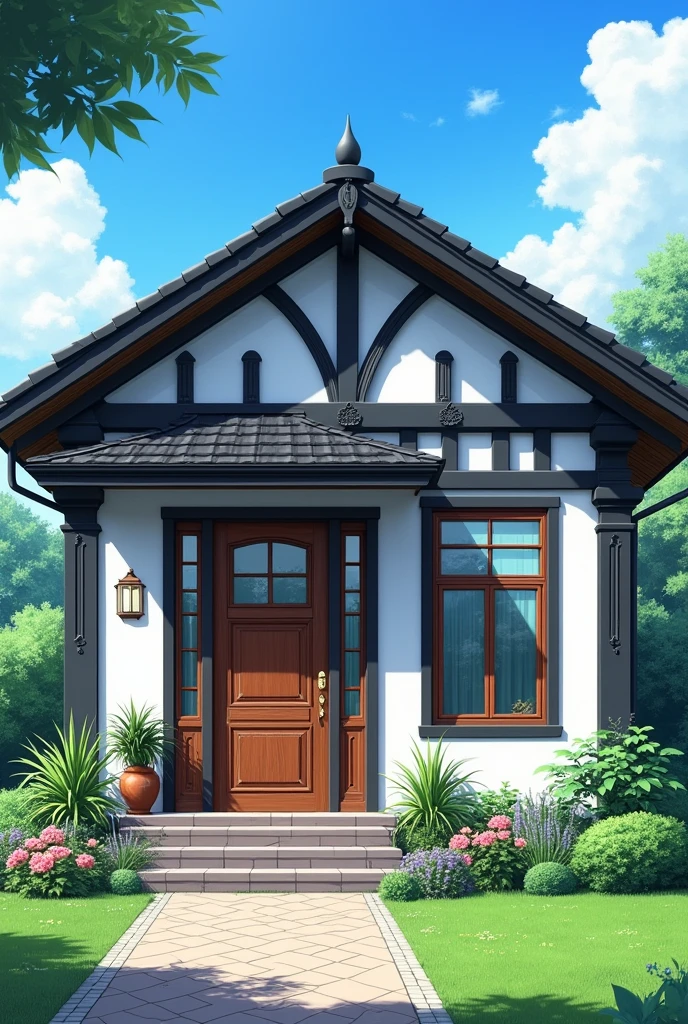 Generate a house in the anime theme, a one-story house, a somewhat wealthy house with wooden doors and windows, and the house is white. The house is modern, but not too modern, a somewhat black house.