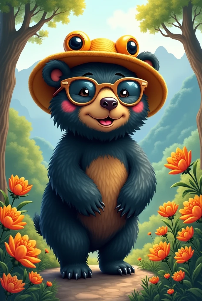 Peruvian spectacled bear wearing a frog hat