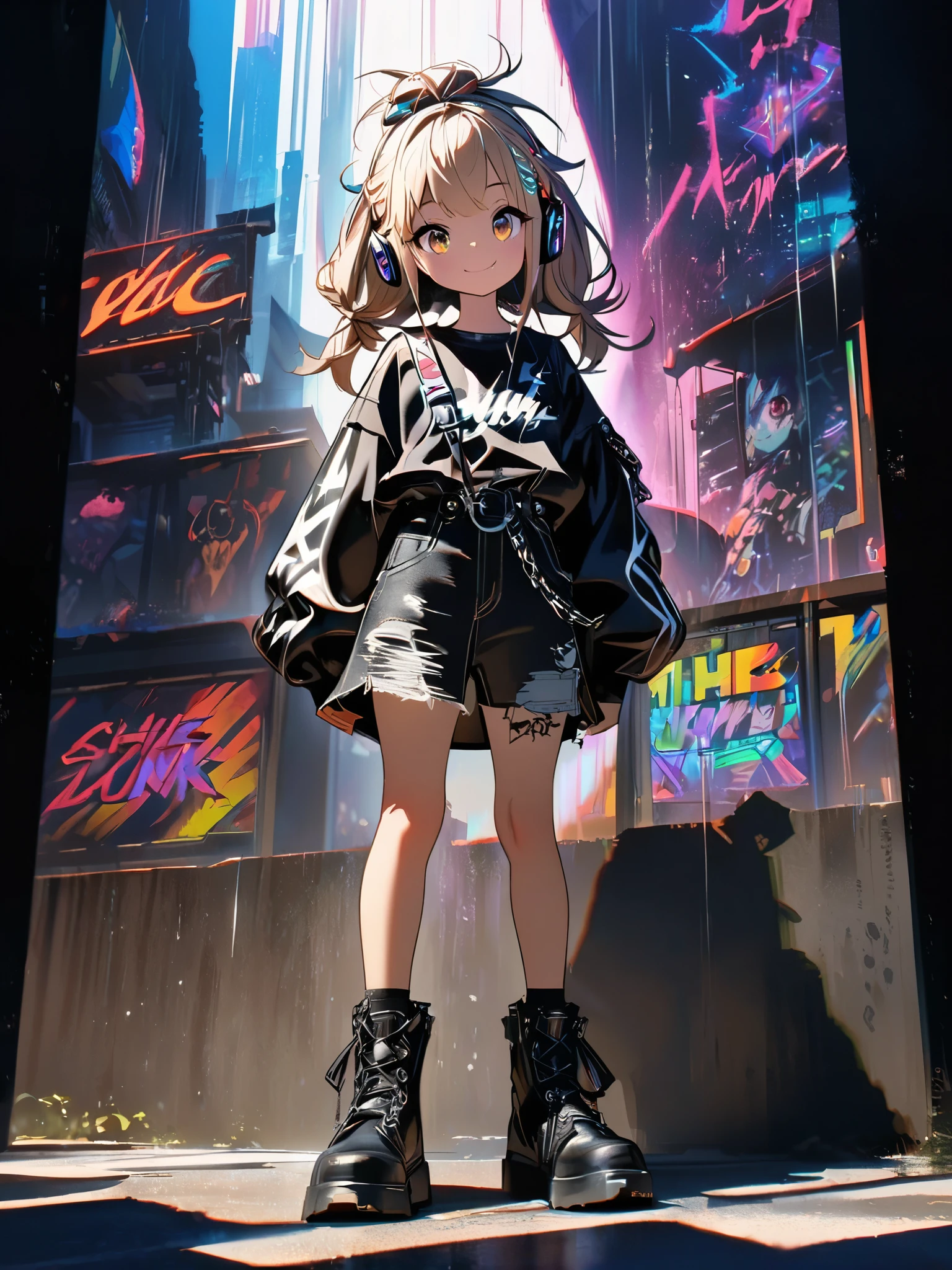 1 person, chromatic aberration, Written boundary depth, Soft Light, masterpiece, Highest quality, complicated, Tone Mapping, Very deしっぽed, Art Station, Concept Art, Smooth, Clear focus, Dramatic lighting, Very deしっぽed artwork, movie, super practical painting, Art Station's trending, 8k, Incredible Shadows, practical, whole body, View, Viewers, Very deしっぽed portrait of one girl 1, standing on street corner, Heavy rain and lightning、Dark Sky, neon and cyber punk background, she is dressed in punk clothing with silver chains and silver spikes, Her hair was dyed light brown............,The middle part is black, She wears headphones, Ominous aura of light, smile, punk, Cyber Rock, Backlight.Fashionable clothes.Dress code: Denim Outfit,Her hair is tied up cutely.