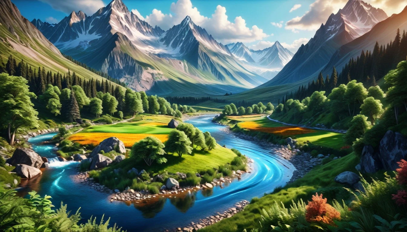 (best qualityer,8k,high resolution:1.2),(Hyper-Realism:1.1),swirly vibrant colors,sharp focus,insanely detaileda,(2k1:1.1) style landscape scene,ultra-detailed rendering,Impressively realistic,rich, dynamic colors,epic beauty,meticulous composition of elements,lush vegetation,Breathtaking mountain range,incredibly realistic textures,crystal clear river flowing through the scene,sunlit sky casting warm golden light,Impressive level of intricate detail,perfectly captured reflections,perfectly executed lighting and shadows,immersive sense of depth and dimensionality,extraordinary level of realism creating a mesmerizing visual experience.