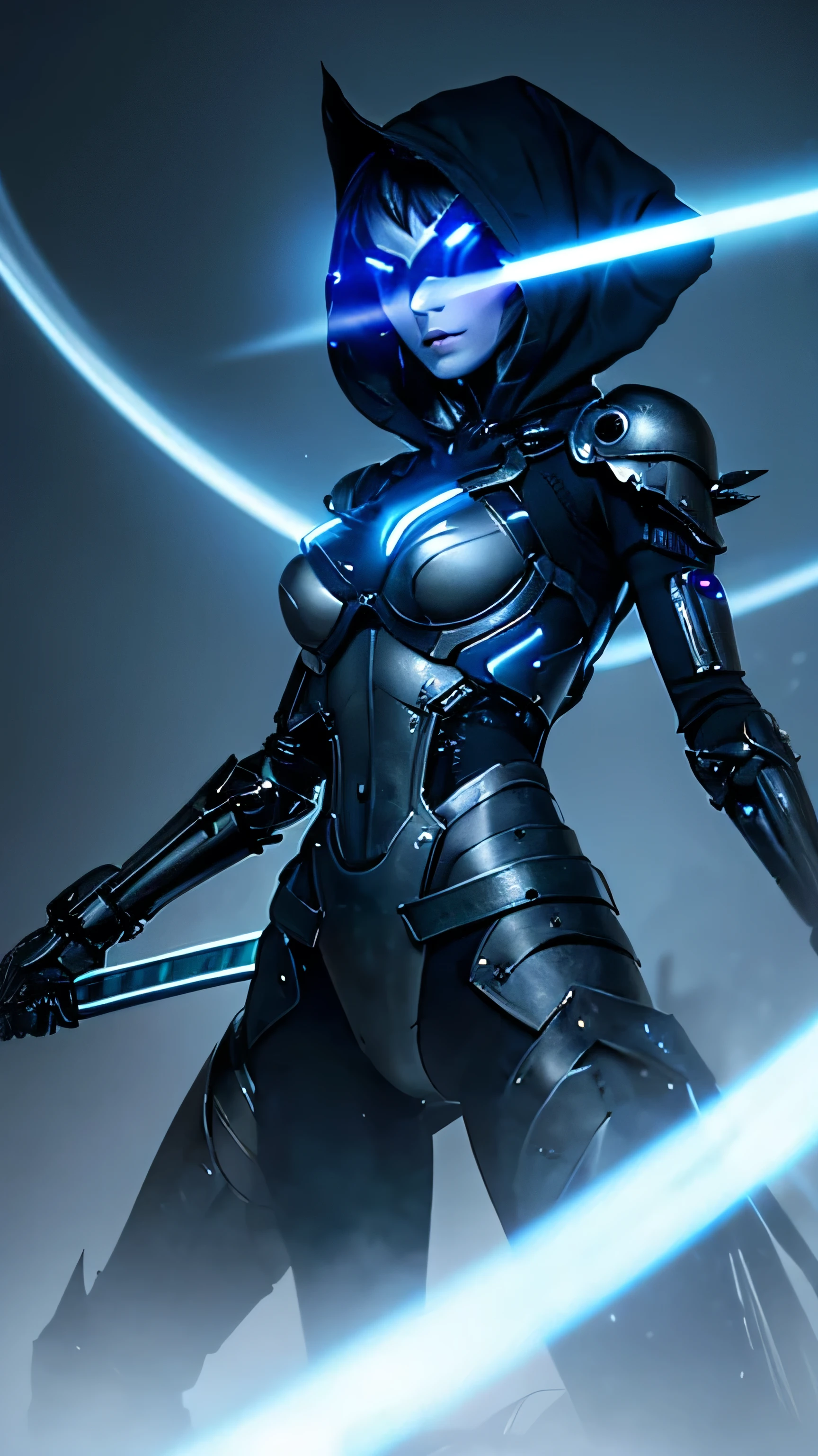 "Depict a Japanese beautiful girl reimagined as a Skeleton Knight with an ultimate cyber-mechanic twist, blending her delicate features with both the fearsome traits of an undead warrior and advanced cybernetic enhancements. Her slender, graceful figure is now partially covered by high-tech, battle-scarred armor, fused with intricate, gothic designs of skulls and spikes, alongside sleek, metallic components that glow with a faint blue energy. The armor, while rugged and battle-worn, is intricately engineered, combining feminine elegance with formidable power.
Her face, while skeletal, has a haunting beauty, with metallic implants and LED-like lights embedded in the bone structure, giving her a futuristic and eerie appearance. Her large, hollow eyes glow with a soft, yet intense neon blue light. Her long, dark hair is interwoven with mechanical strands that move with a life of their own, and a torn, dark hood made of advanced nano-fabric partially obscures her face, adding to her mysterious aura.
In one hand, she wields a cyber-enhanced katana, its blade humming with energy and inscribed with glowing runes, while the other hand grips a shield integrated with high-tech circuitry and a holographic skull emblem, symbolizing her undead, yet advanced nature. Her limbs, though skeletal, are reinforced with sleek, cybernetic enhancements, allowing for both agility and strength.
The background is a dystopian battlefield, with remnants of shattered skyscrapers and digital ruins, bathed in a cold, synthetic light that cuts through the mist. The air is filled with the distant hum of drones and the flicker of broken neon signs. This portrayal captures the fusion of a Japanese beautiful girl with the fearsome power of a Skeleton Knight, enhanced to the extreme with cyber-mechanic technology, creating a figure that is both hauntingly beautiful and technologically formidable."