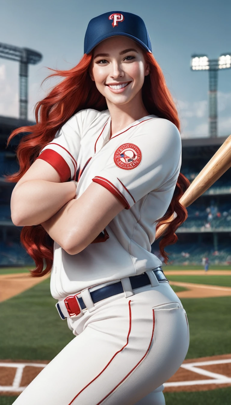 An attractive woman with long red hair and a smiling, youthful face, Ponytail hair, curvy, woman holds base bat, baseball player, outfit, baseball uniform, baseball uniform blue, ultra realistic