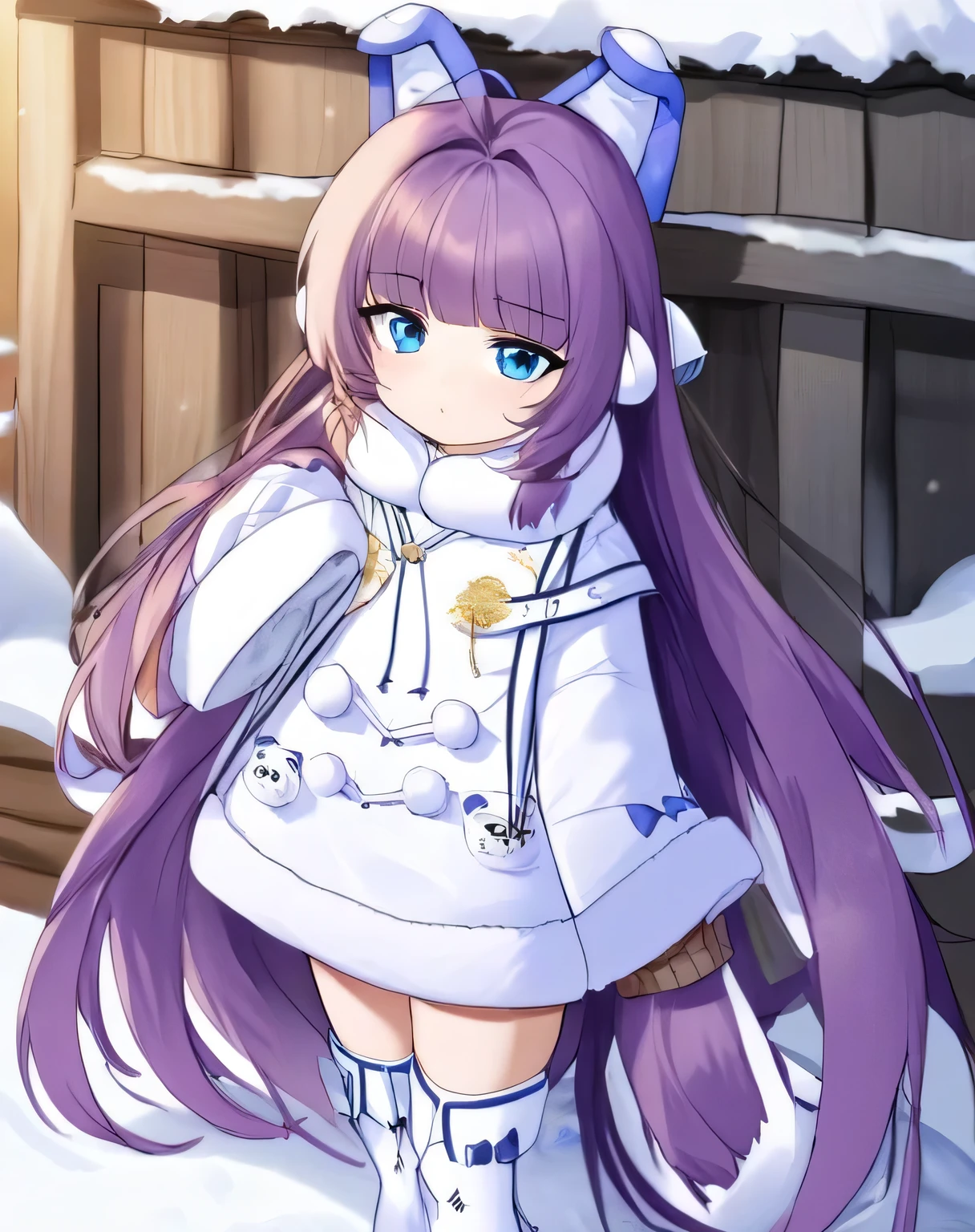 tashkent,6 ,cabelo roxo,blue colored eyes,
brown sweater,White coat,Fur trim,winter clothing,knee high boots,Mangas are longer than fingers,hair ornamen,fake animal ears,
neve,