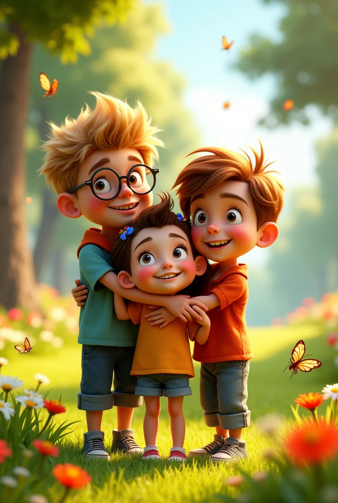 pixar style: 2 boys and 1 girl hugging