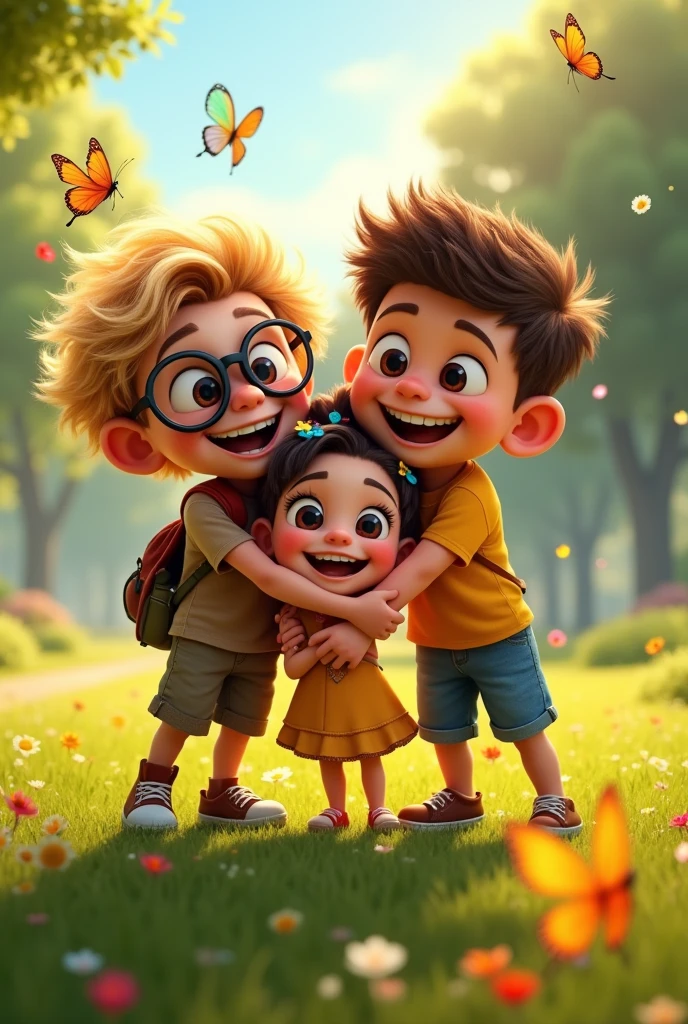 pixar style: 2 boys and 1 girl hugging