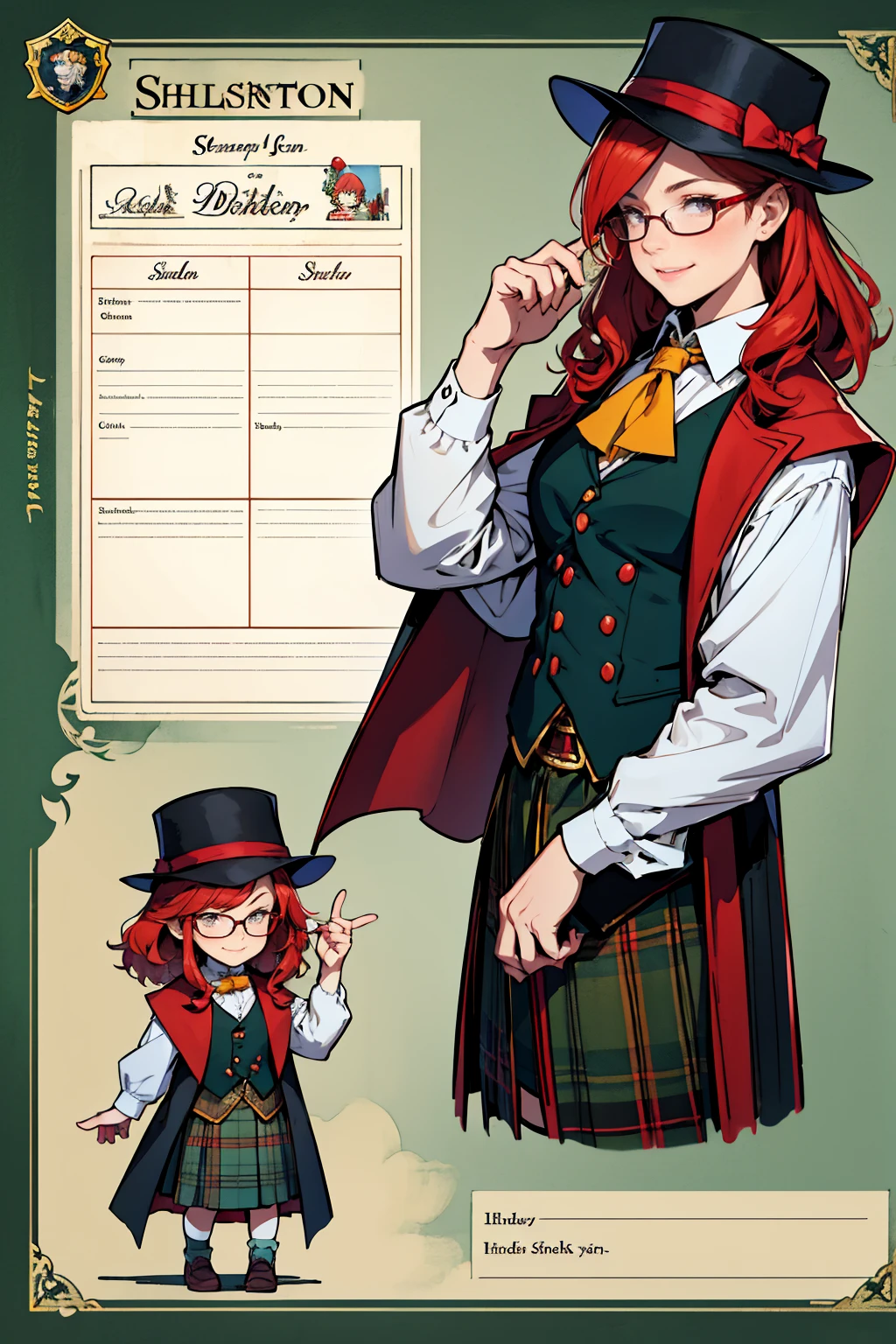 Character sheet for Sian, a young girl with shoulder-length red hair, glasses, and a joyful demeanour, dressed like Sherlock Holmes, Deerstalker Hat, Inverness Cape, Vest, skirt, 2d simple cartoon. Children's book illustration, watercolour