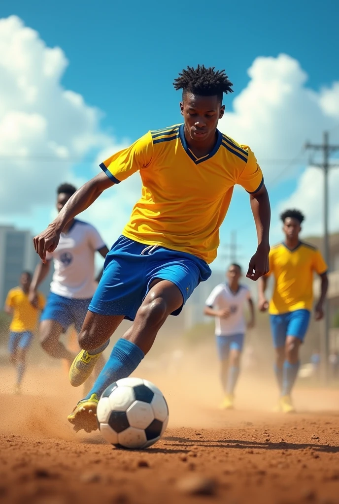 Make a 20-year-old teenager, dark skin, playing ball, he has to be focused on the football game with the yellow and blue shirt