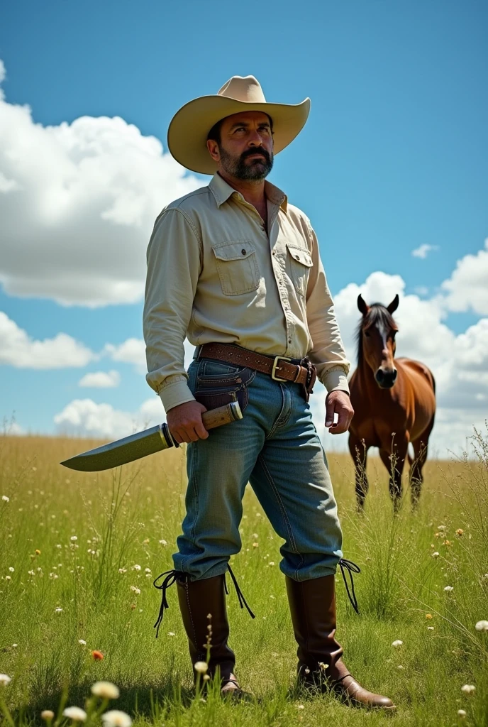 A tall and strong man dressed in gaucho attire, with a large knife in hand, in a green field a horse is in the distance 