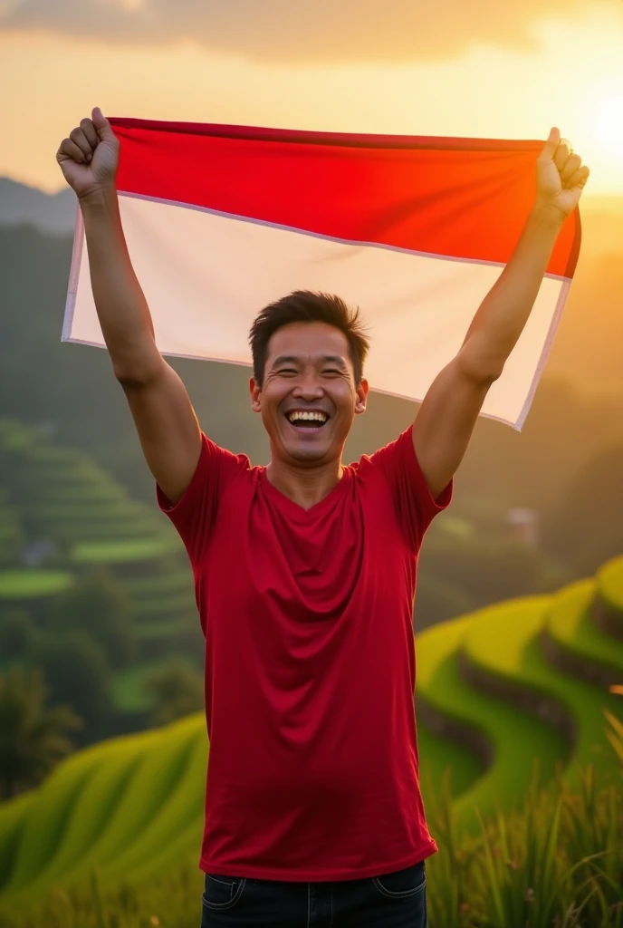 asian man, holding indonesia flag, he so proud,  wearing red and white tshirt, 
