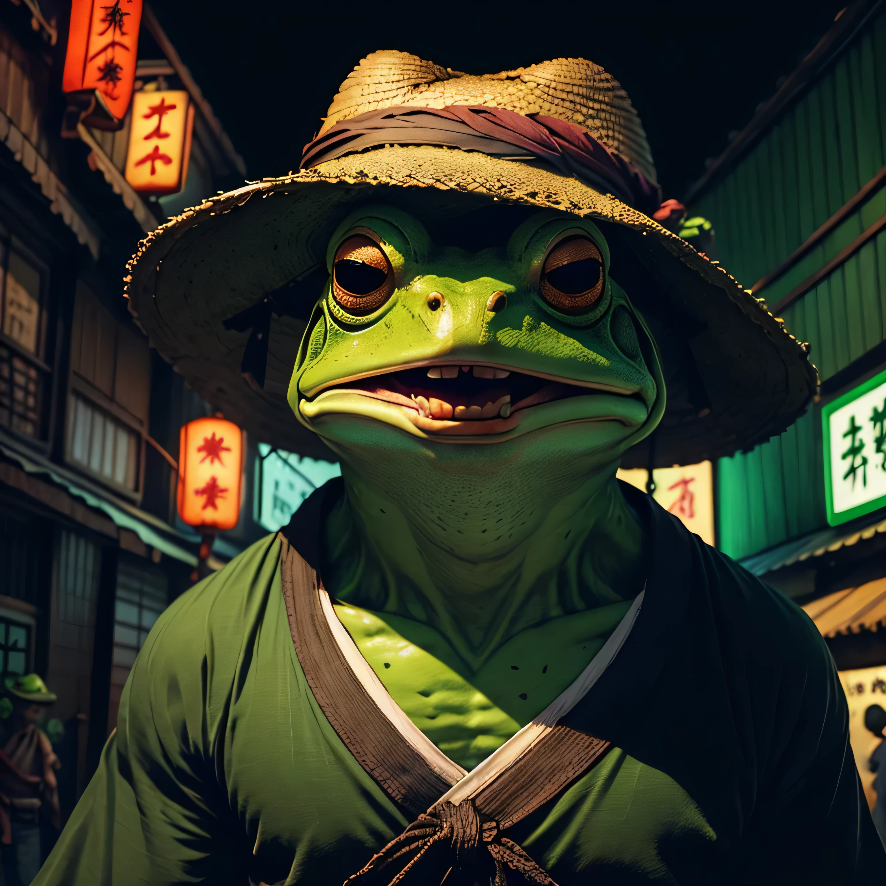 frog head, face view, psycho face, psycho expression, green frog, crazy face, pixel art, man clothes, bad, angry, psycho angry, samurai straw hat, neon lights background, colored lights, chinesse ambient, straw hat