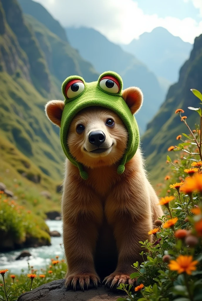 Peruvian spectacled bear wearing a frog hat
