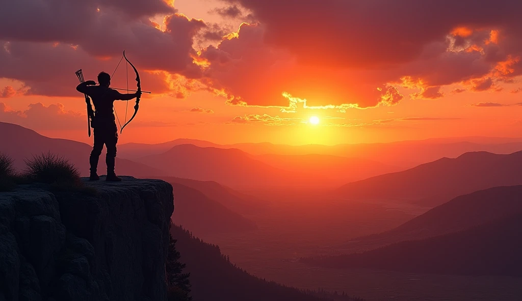 A dramatic sunset over a vast landscape with a lone archer standing on a cliff, bow drawn, gazing toward the horizon. The sky is a gradient of orange and purple, conveying a sense of anticipation and adventure. --ar 16:9