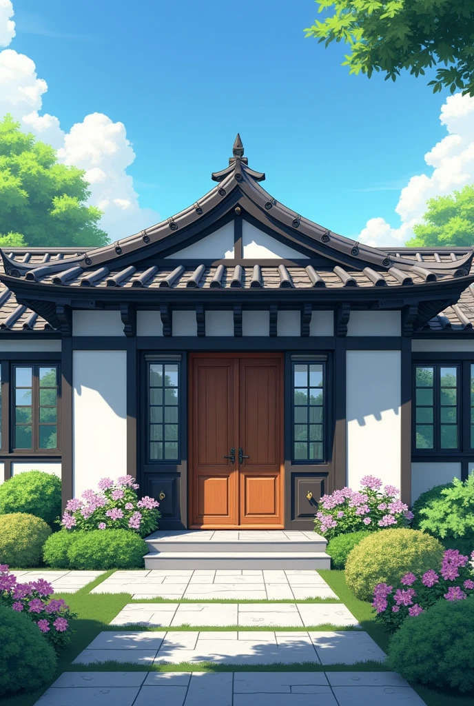 Generate a house in the anime theme, a one-story house, a somewhat rich house with a wooden door, windows and the house is white, the house is modern but not so modern, the house is half black, it is half modern