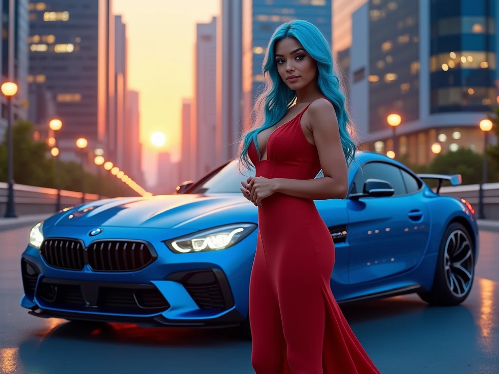 beautiful biracial latina woman, long elegant light blue hair, light blue eye, large breasts, extremely full body detailled, close to a blue sport bmw, sexy long red dress, in the city