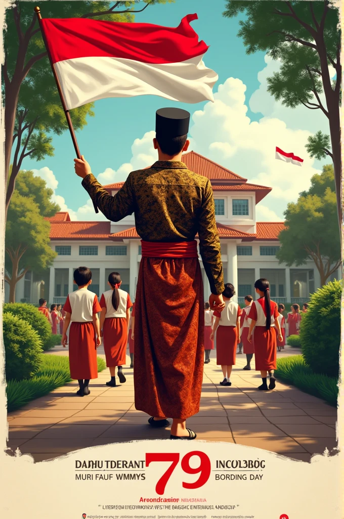 Create a poster, for indonesia independence day, For the flag holder: Add santri-style accessories (peci, Koko shirt and sarong), for the background: give a feel of Islamic boarding school, batik and Indonesian nature, for numbers: give color, for the writing under independence day: replace with the words Darul Quran Islamic Boarding School 'an uttered The 79th Anniversary of the Republic of Indonesia,