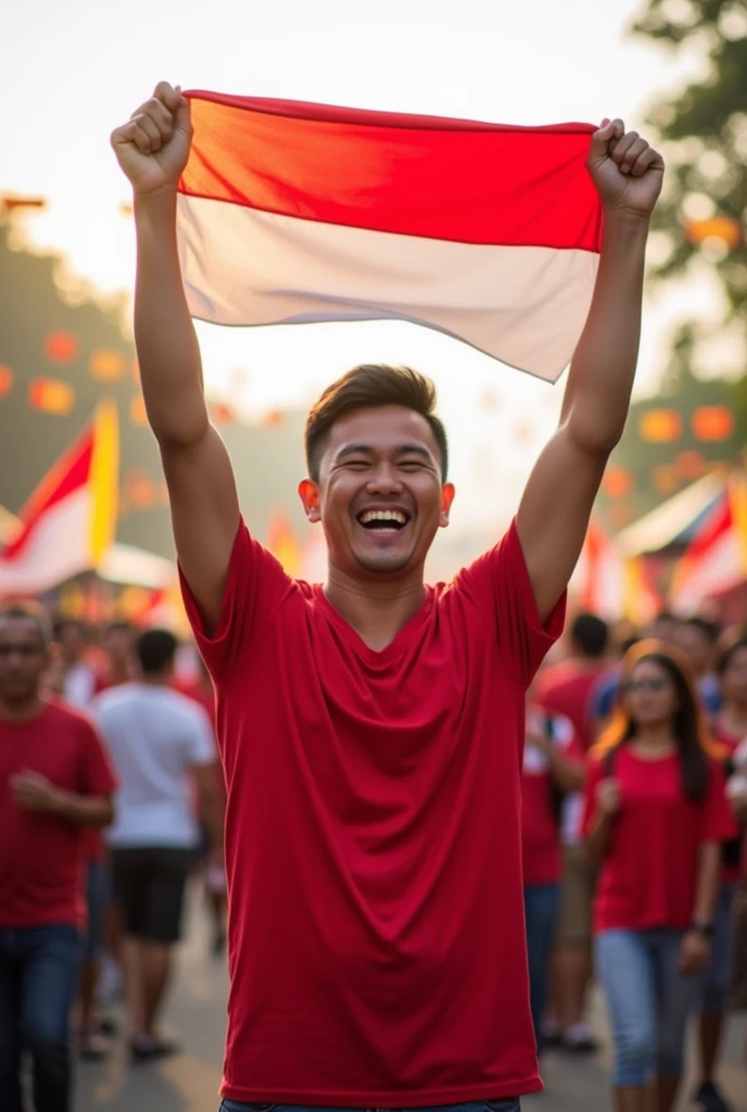 asian man, holding indonesia flag, he so proud, wearing red and white tshirt,