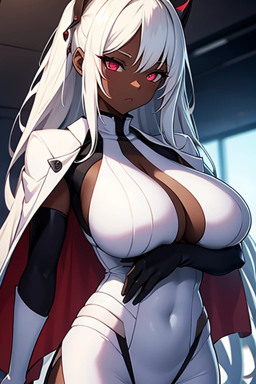 Girl, with giant breasts, for white, broad, crimson eyes, white spy suit, ebony black skin.
