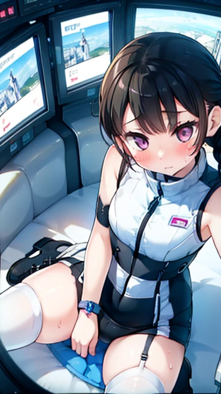 (Highest quality), (masterpiece), 1080P, High resolution, 4K, 8k, Inside the space station、Futuristic room、Thigh straps, Shooting from directly below, The woman on top of me, 白いSweat, Covered , Sweat, Woman looking down, Skirt swimsuit, Thigh-high socks, To achieve this, , , whole body, Black leather shoes, Braided hair, Inner Color, Embarrassed face, Short black hair, bracelet, Bedroom,celestial body_Vest