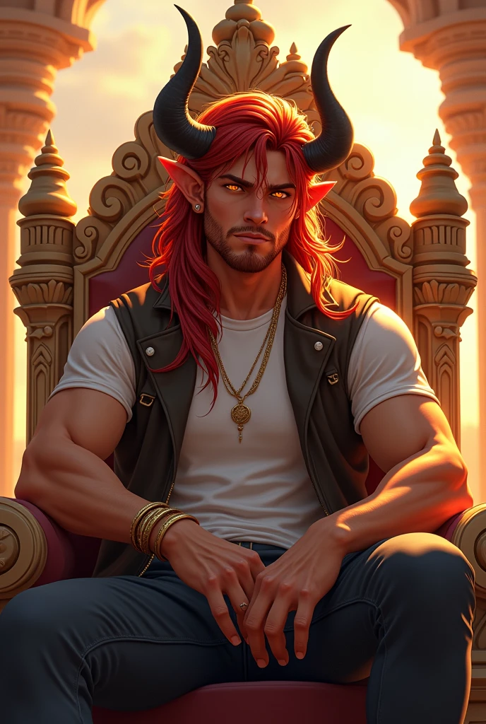(table top, digital art, digital illustration, 4K, 8K, super detailed, beautiful images, clear image, realistic, RAW photo, perfect face, perfect lines, perfect eyes, soft lighting) 1 male human, (Red hair、long hair、amber eyes,messy hair、Bullish look,Smile confidently、Demons、Two black horns grow from its head.、Pointed elf-like ears、32 years old:1.3),ハンサムなmale性, (White t-shirt with dowel dowel、vest、muscular、Thin macho,Firm shoulder width, male:1.2),Sit on a throne with your legs crossed、The king、Demon King、hair fluttering in the wind、Sunburned healthy skin、desert oasis