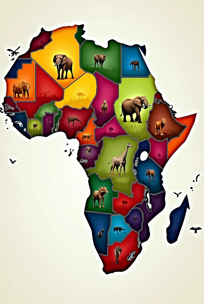 Draw a picture of the African continent, dividing its countries with different colors and adding animals.
