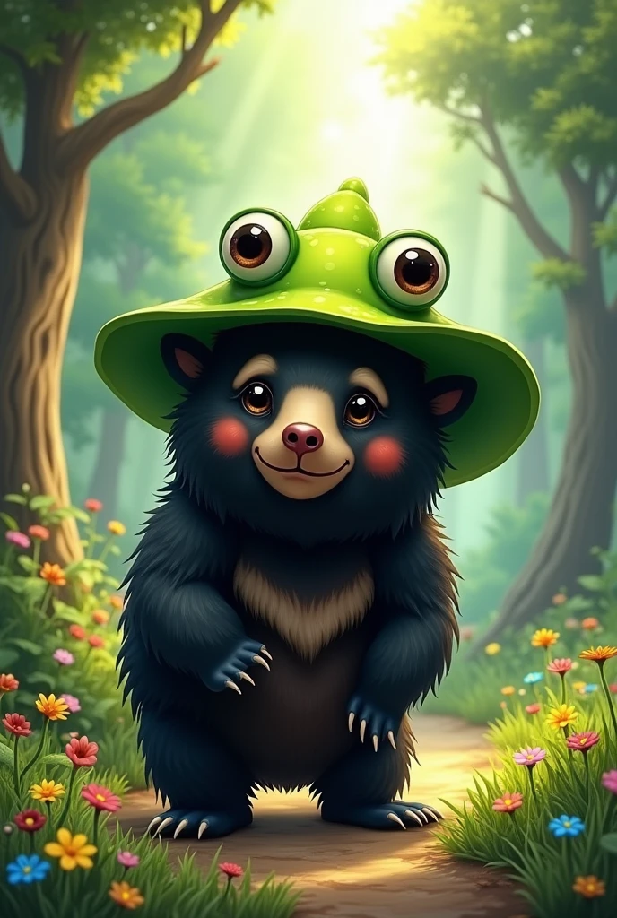 Peruvian spectacled bear wearing a frog hat
