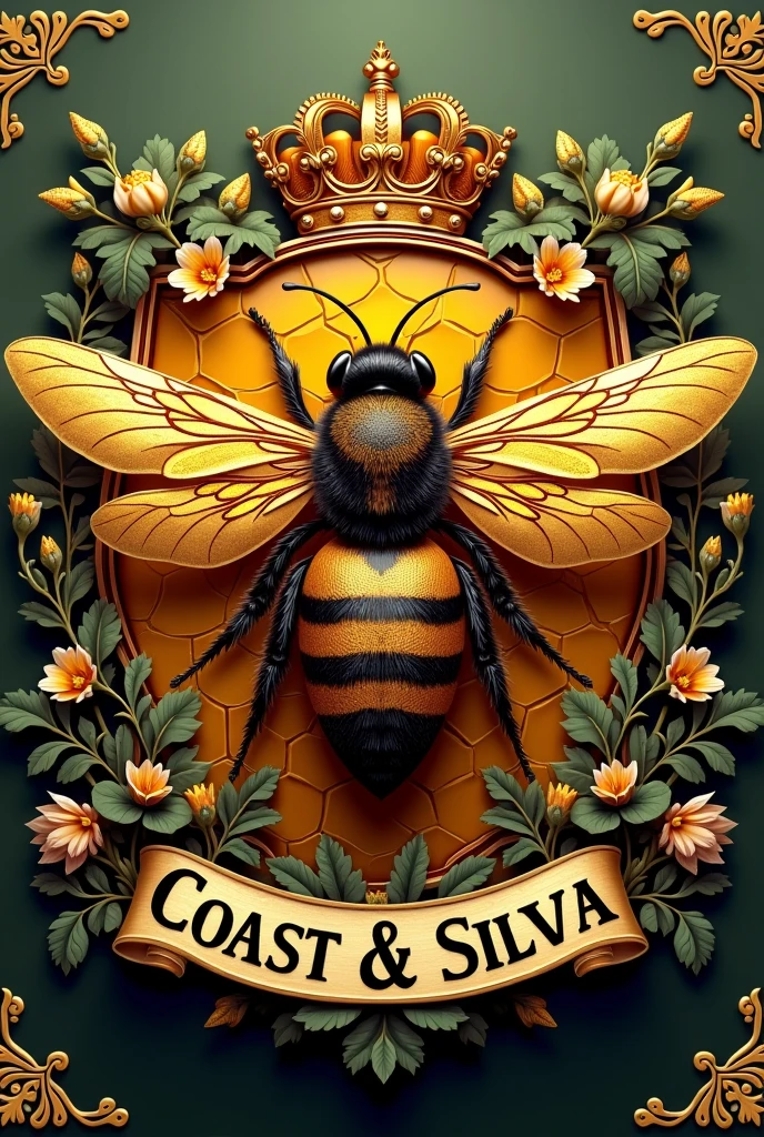 Create a 3d style image of a queen bee coat of arms ,with a highlighted name on the coast&Silva