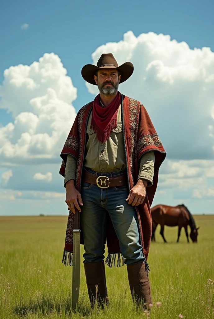 No trace of manga and anime, A tall and strong man dressed in gaucho attire, with a large knife in hand, in a green field a horse is in the distance