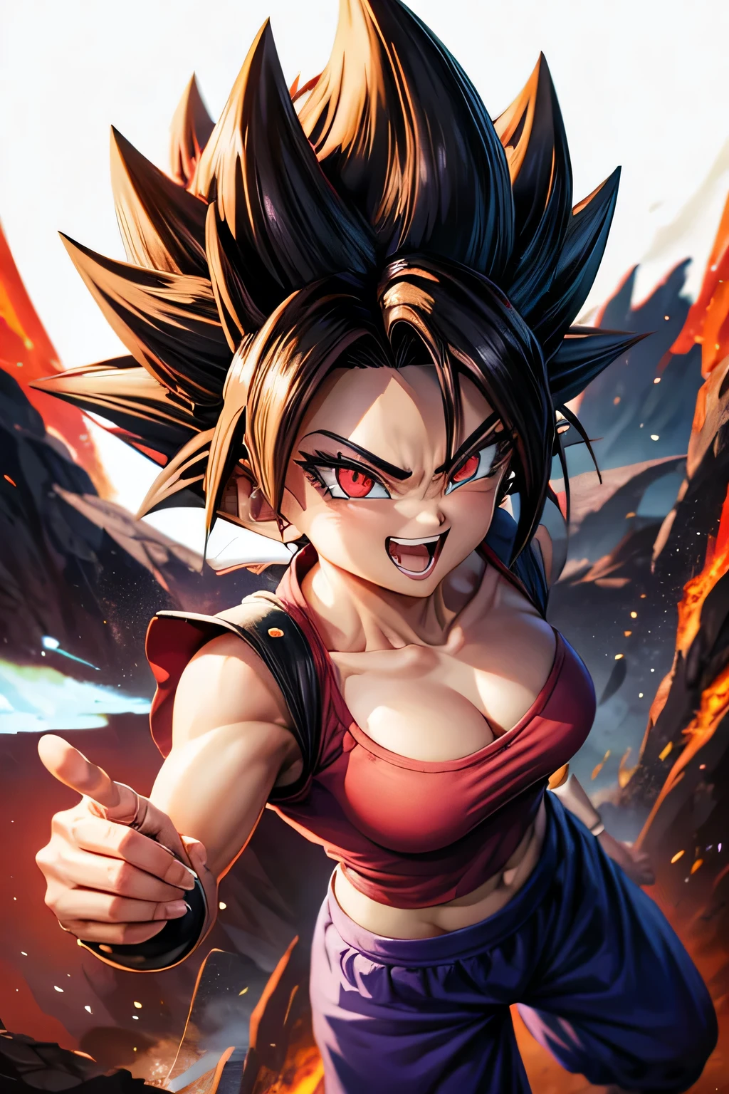 best saiyan, beast form, red eyes, looking at the camera, smiling showing teeth, white background,