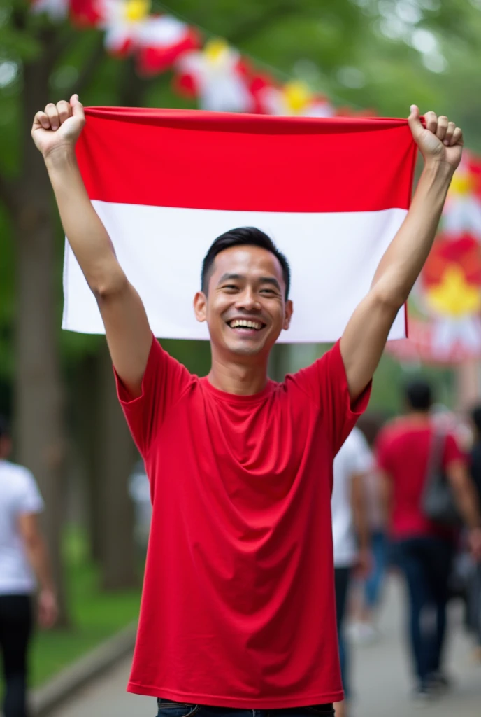 asian man, holding indonesia flag, he so proud,  wearing red and white tshirt, 
