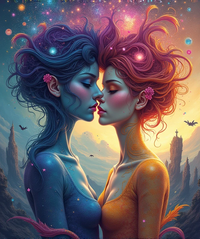 (Fusion of Man and Woman:1.4), depicted in a surreal and fantastical art style, (the fusion creates a harmonious blend of masculine and feminine features, with an emphasis on abstract and imaginative forms:1.2), (their combined form is characterized by exaggerated and fluid shapes, reflecting the essence of both genders:1.2), (the image is a vibrant interplay of colors, including bold purples, deep blues, and bright golds, creating a fantastical aura:1.2), (the background is an otherworldly landscape with surreal elements like floating islands, cosmic swirls, and dreamlike skies:1.2), (the overall composition is fluid and dynamic, showcasing the magical transformation and unity of the two figures:1.2), (perfect image quality:1.4), (intricate details in the depiction of features, textures, and color blending, enhancing the fantastical nature of the art:1.2), (the image exudes a sense of wonder and imagination, capturing the essence of a fusion between man and woman in a farical, dreamlike world:1.2)