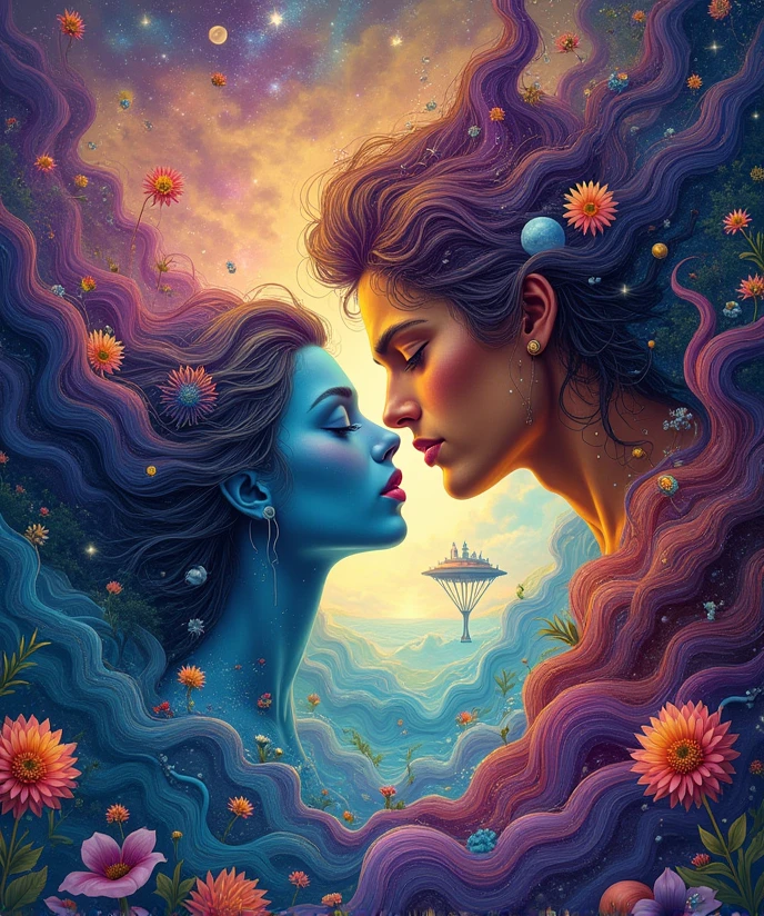 

(Fusion of Man and Woman:1.4), depicted in a surreal and fantastical art style, (the fusion creates a harmonious blend of masculine and feminine features, with an emphasis on abstract and imaginative forms:1.2), (their combined form is characterized by exaggerated and fluid shapes, reflecting the essence of both genders:1.2), (the image is a vibrant interplay of colors, including bold purples, deep blues, and bright golds, creating a fantastical aura:1.2), (the background is an otherworldly landscape with surreal elements like floating islands, cosmic swirls, and dreamlike skies:1.2), (the overall composition is fluid and dynamic, showcasing the magical transformation and unity of the two figures:1.2), (perfect image quality:1.4), (intricate details in the depiction of features, textures, and color blending, enhancing the fantastical nature of the art:1.2), (the image exudes a sense of wonder and imagination, capturing the essence of a fusion between man and woman in a farical, dreamlike world:1.2)
