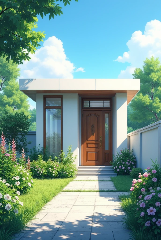 Generate a house in the anime theme, A one-story house, a somewhat wealthy house with wooden doors and windows, and the house is white. The house is modern.