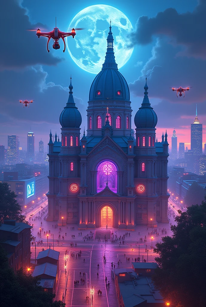 "Create an 8K illustration of the Basilica of the Sacred Heart (Basilique de Koekelberg) located in Brussels, reimagined in a Cyberpunk Edgerunners style. The grand basilica is transformed with a futuristic twist, its massive domes and architecture illuminated by neon lights in shades of electric blue, pink, and purple. Holographic projections and digital billboards cover its façade, while flying vehicles and drones hover around the structure. The surrounding area is depicted as a vibrant, high-tech district, with towering skyscrapers and neon-lit streets filled with cybernetic figures. The sky is dark and filled with glowing clouds, adding to the dystopian yet captivating atmosphere."
