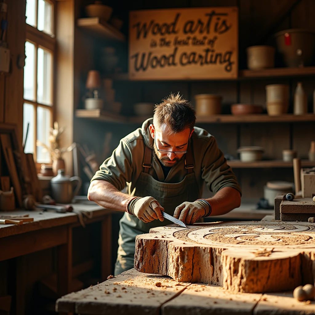 Take a picture of me in a carpentry workshop doing wood carving and one of his hands is working and sharing a piece of writing that says wood art is the best test of wood carving.