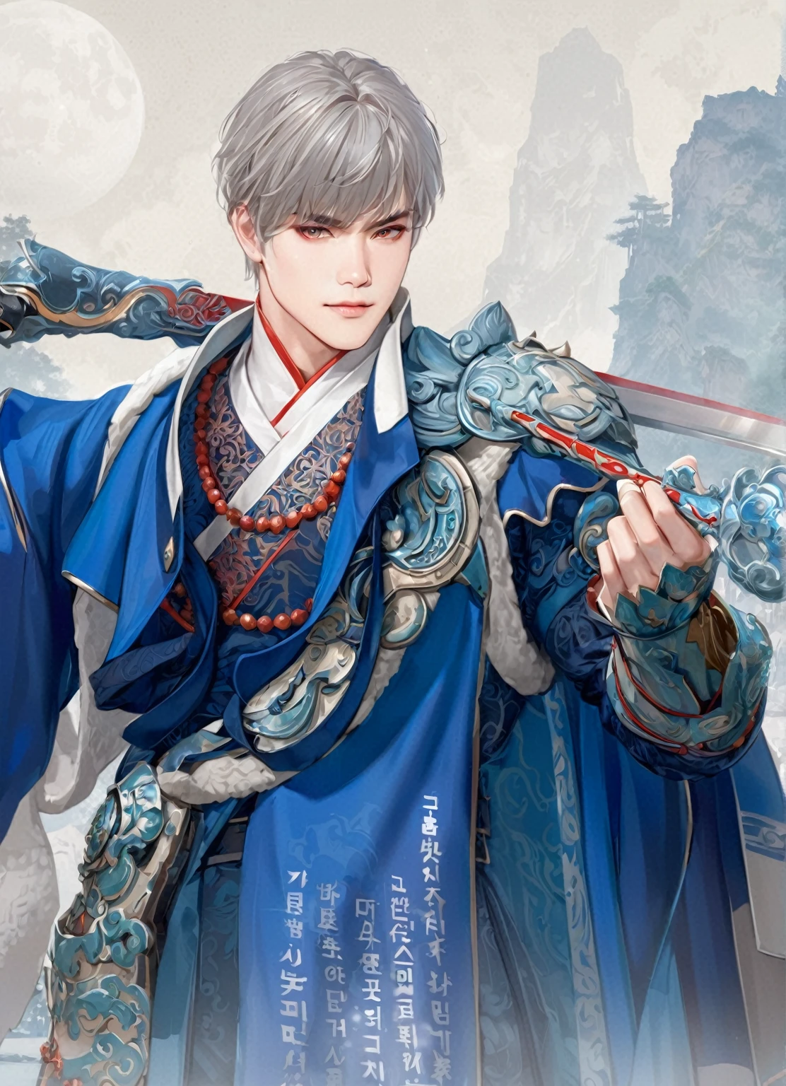 anime character dressed in blue holding a sword and a sword, zhao yun, heise jinyao, cai xukun, inspired by Bian Shoumin, inspired by Zhao Yuan, inspired by Guan Daosheng, Inspired by Wuzhun Shifan, inspired by Zhang Han, Inspired by Huang Gongwang, g liulian art style