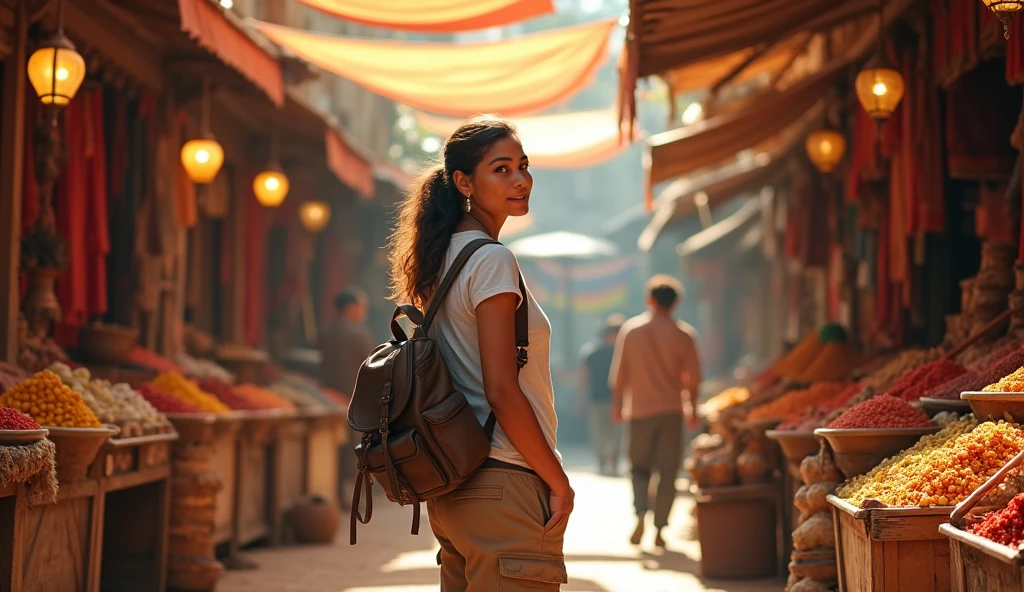 An adventurous traveler in a vibrant market of a foreign city, surrounded by colorful stalls and exotic items, capturing the energy of new experiences and endless possibilities. --ar 16:9
